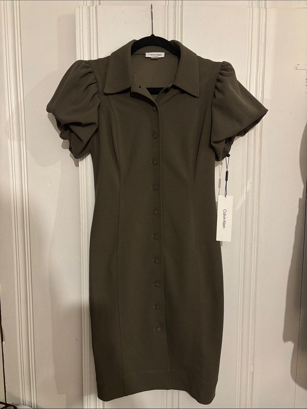 Calvin Klein Olive Button-Down Puff Sleeve Midi Dress - Picture 1 of 4